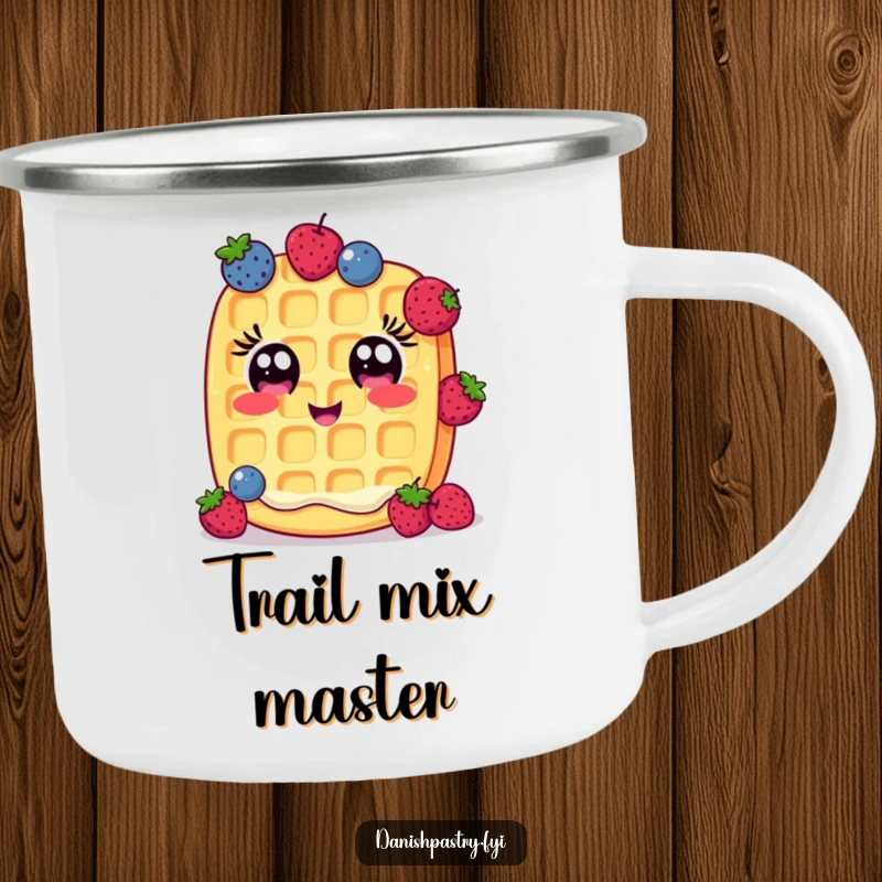 Funny Camping Mug: A cheerful waffle with wide eyes comically juggles small berries, a sturdy and amusing outdoor mug.
