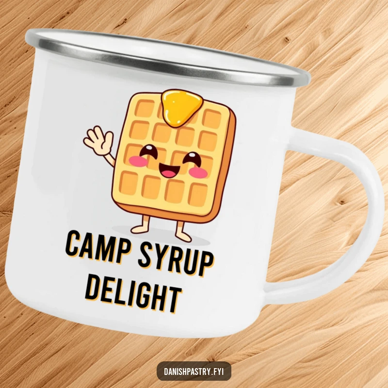 Funny and sturdy camping mug featuring a smiling waffle with dripping syrup, waving enthusiastically, perfect for outdoor enjoyment.