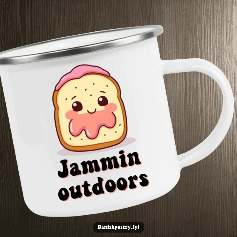 Funny Camping Mug with a smiling scone and jam, blushing and waving shyly, for outdoor humor.
