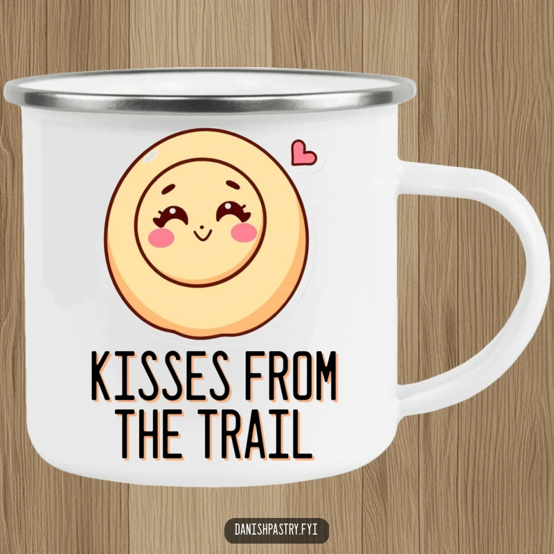 Funny cinnamon roll character with a happy swirl blowing a kiss on a durable camping mug, for sweet outdoor experiences.