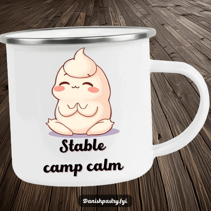 Funny and sturdy camping mug featuring a wobbly panna cotta in a concentration-filled yoga pose, perfect for outdoor relaxation.