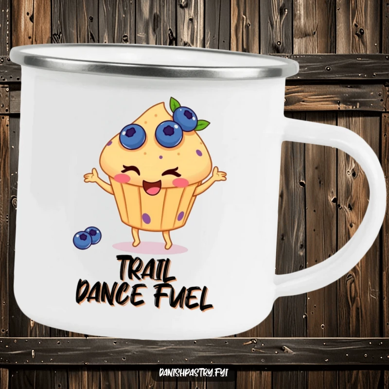 Funny camping mug with a winking muffin with blueberries, happily dancing, ideal for outdoor drinks with a touch of sweet, whimsical humor.