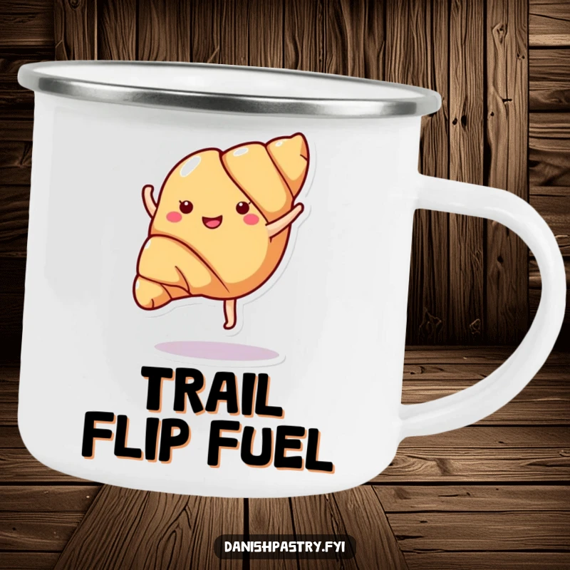 Funny croissant doing a cartwheel, depicted on a durable camping mug, perfect for outdoor adventures and cheerful mornings.