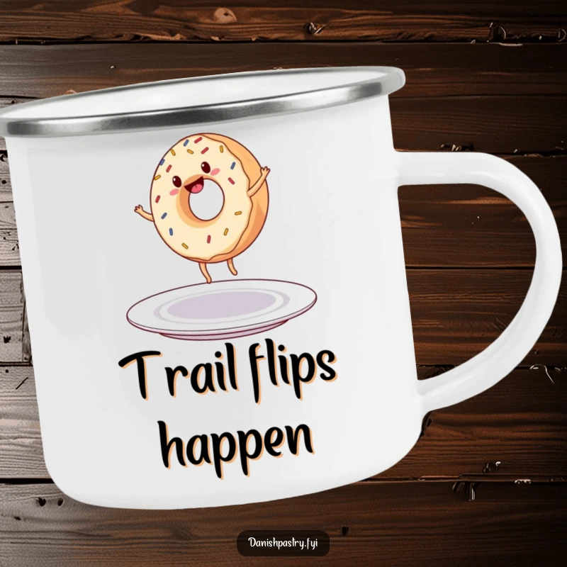 Funny Camping Mug: A cheerful donut with sprinkles does a cartwheel, celebrating fun and adventure on the go.
