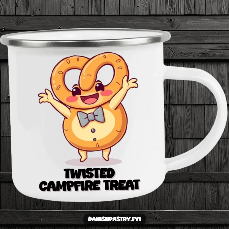 Funny pretzel with a bow tie grinning doing a somersault, a durable and playful camping mug.