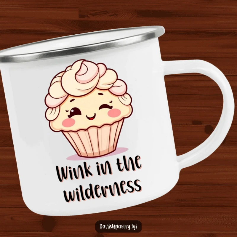 Funny camping mug featuring a cheerful cupcake with frosting hair, playfully winking, durable and humorous for outdoor use.