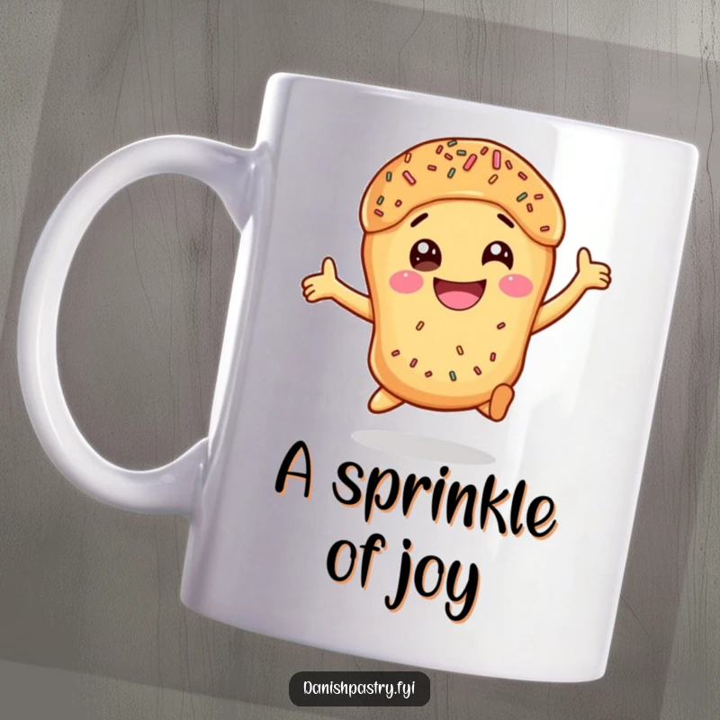 Funny Danish Pastry Mug showing a smiling, leaping pastry covered in sprinkles, a delightful and humorous gift.