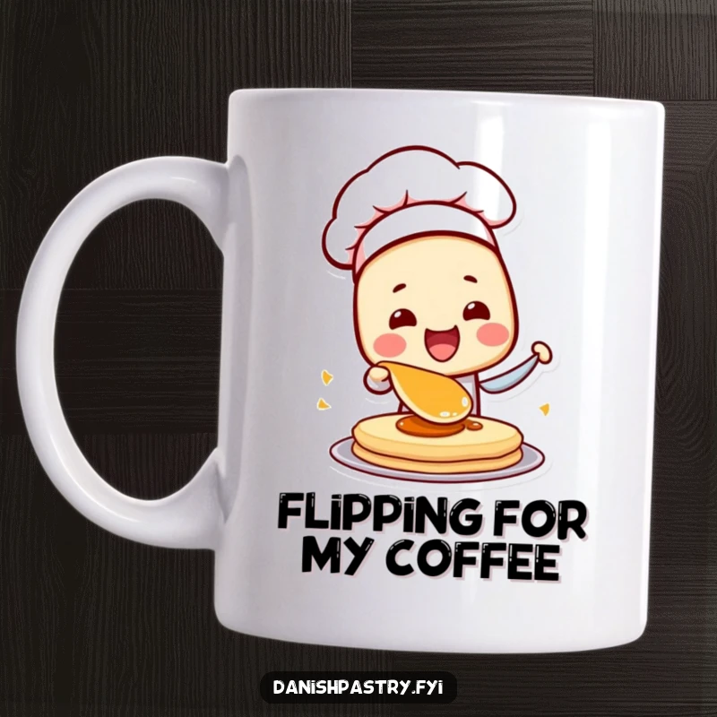 Funny Danish Pastry Chef Mug, wearing a hat, excitedly flipping a pancake mid-air, embodying breakfast enthusiasm.