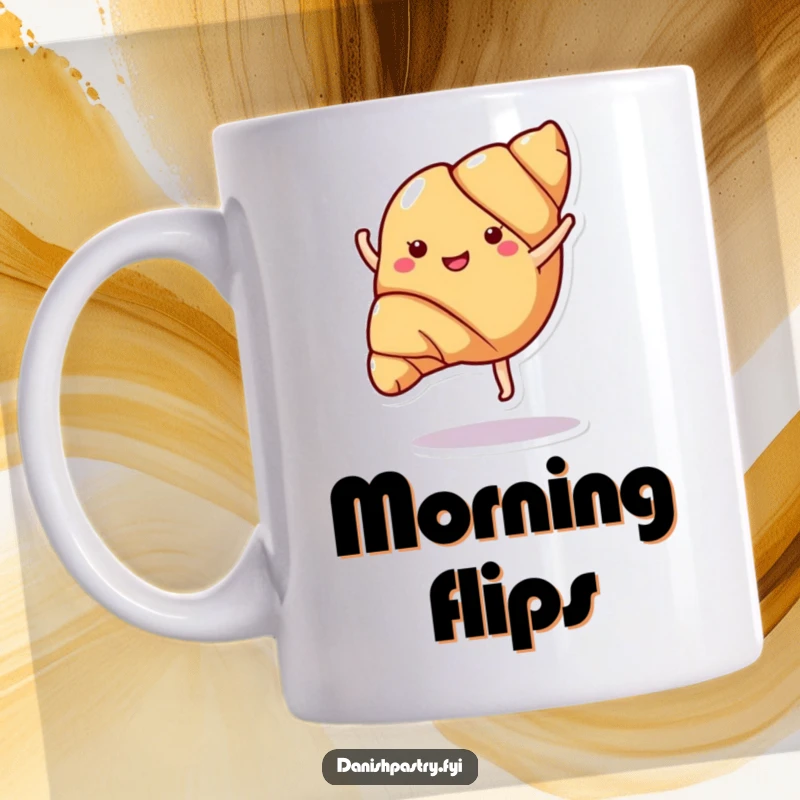 Funny croissant performing a joyful cartwheel, depicted in a lively cartoon style on a coffee mug, spreading morning cheer.