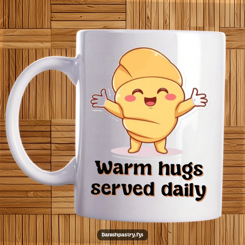 Funny Croissant Hug Mug featuring a smiling character with outstretched arms, offering a warm and comforting pastry embrace.