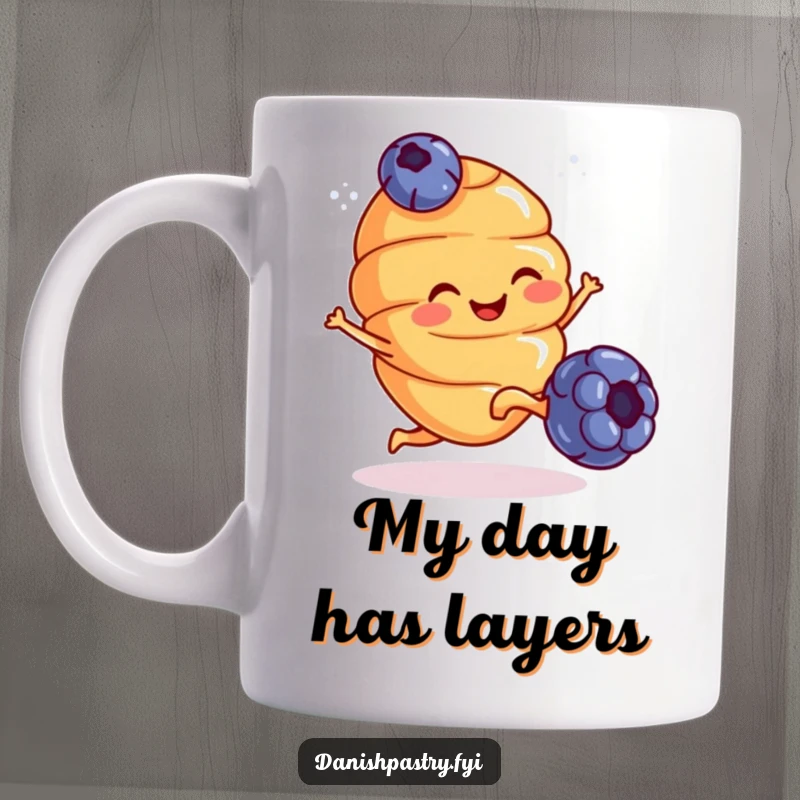 Funny Mug: A smiling croissant with tiny legs enthusiastically kicks a blueberry, embodying morning energy and quirky fun.