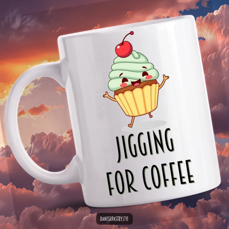 Funny mug featuring a gleeful cartoon cupcake with a cherry on top, doing a happy little jig. Sweet and humorous dessert art.