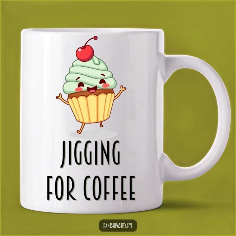 Funny Cupcake Jig Mug: Gleeful Cherry Topping Character, Perfect Funny Gift