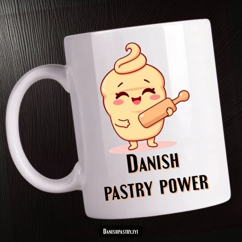 Funny Danish pastry mug with a winking character holding a rolling pin, ready for baking adventures and comedic moments.