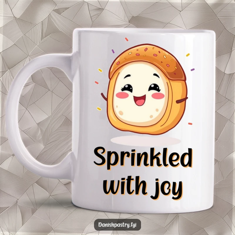 Funny Danish pastry mug, a grinning character doing an energetic wiggle with sprinkles flying wildly. A joyful treat.