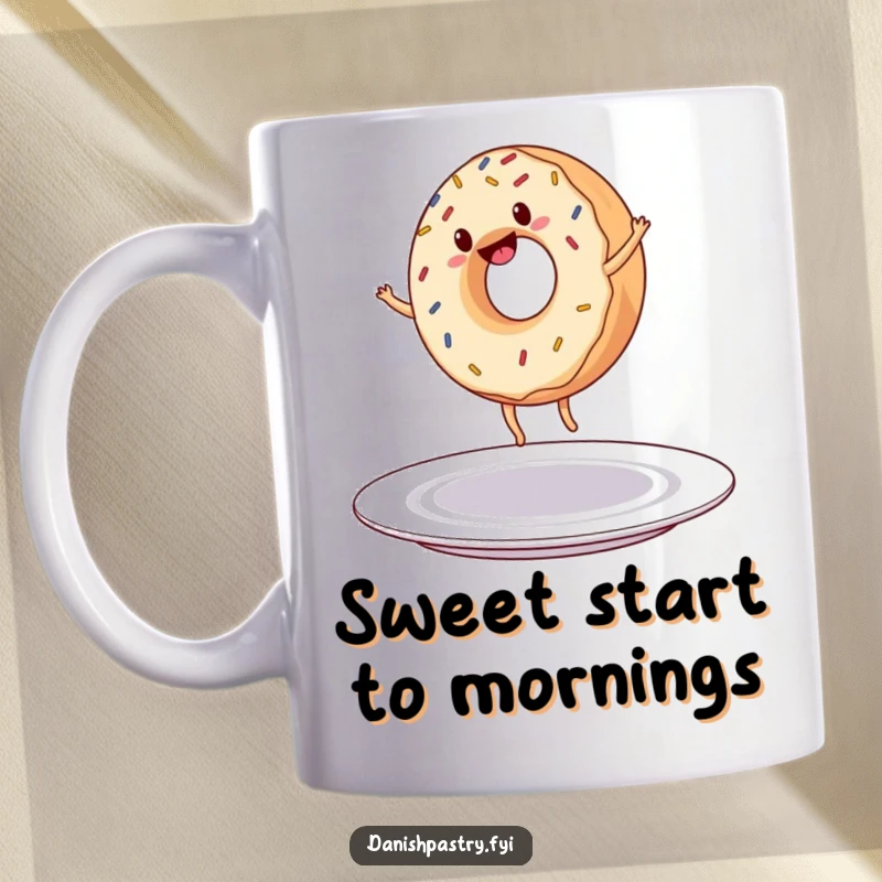Funny Mug: A cheerful donut with colorful sprinkles happily performs a cartwheel on a plate, embodying pure joy.
