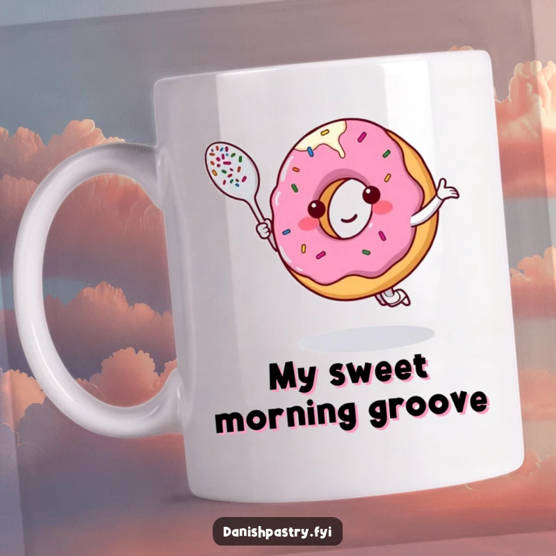 Funny mug featuring a smiling donut character dancing joyfully with a sprinkle-covered spoon, exuding sweetness and fun.