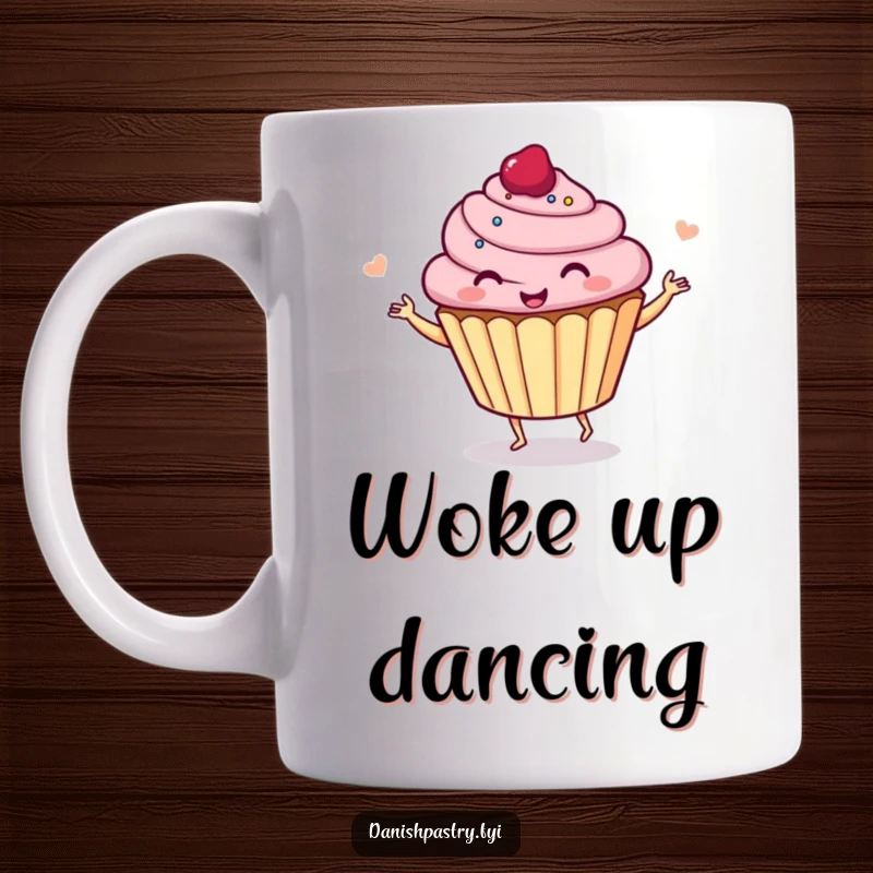 Funny cupcake gleefully dancing and giggling, depicted with infectious happiness on a coffee mug, spreading pure delight.