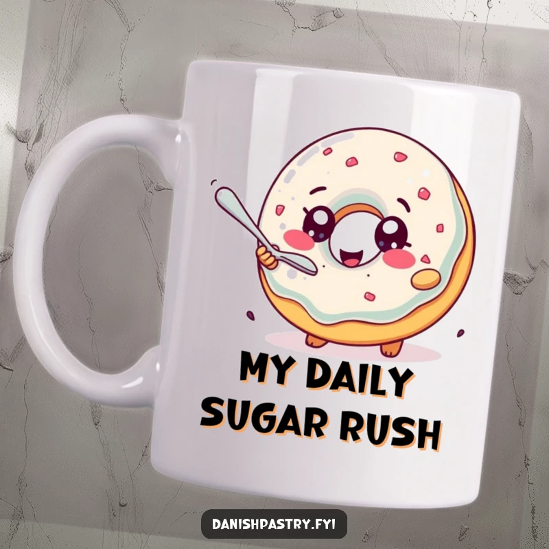 Funny Mug: Delightful jelly donut with sparkling eyes gleefully chasing a tiny spoon, a humorous breakfast companion.