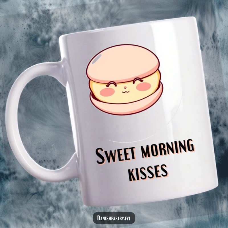 Funny mug featuring a happy macaron with rosy cheeks, puckering up to blow a kiss, a sweet and humorous character.