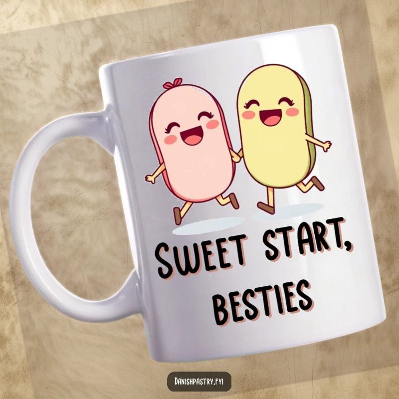 Funny macaron mug featuring a delightful pair holding hands and skipping joyfully, celebrating friendship and happiness.