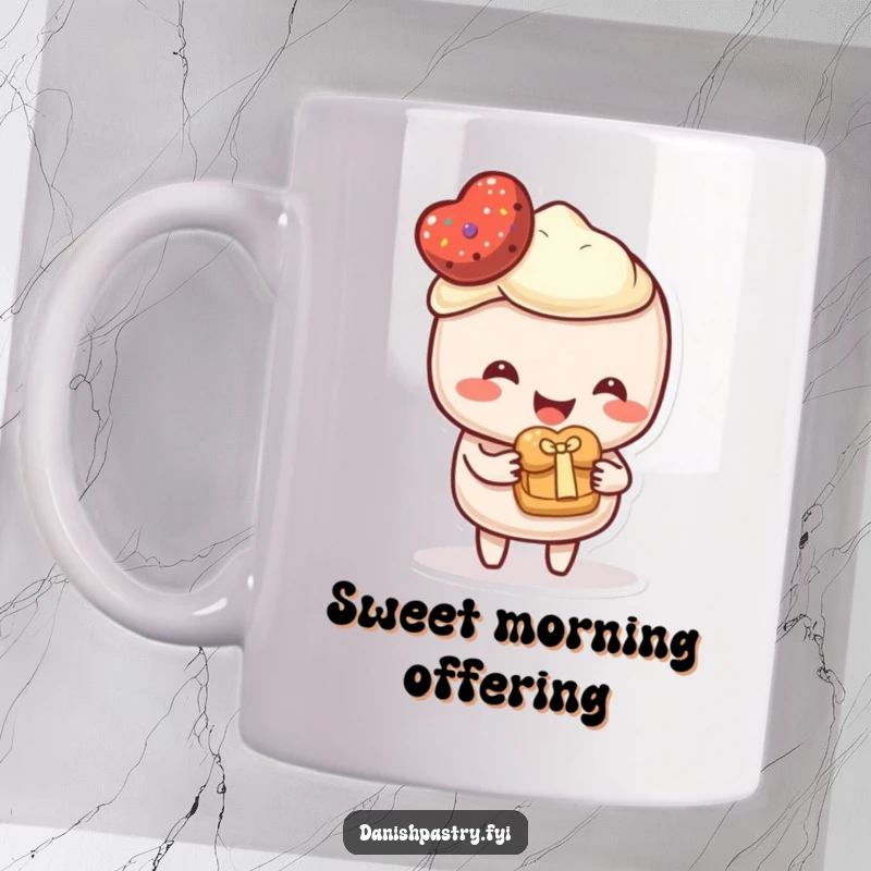 Funny Mug featuring a happy pastry character kindly offering a tiny pastry as a gift. A sweet and humorous design for gift-givers.
