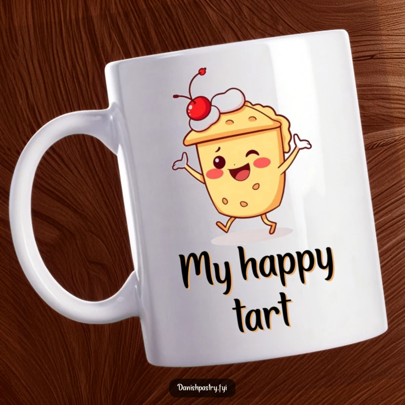 Funny pie character doing a silly dance with a cherry on top, a hilarious dessert dancing on a mug.