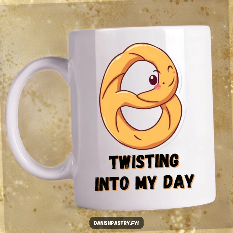 Funny mug featuring a happy cartoon pretzel with a wide grin, spinning energetically on its own loops. Salty and humorous snack art.