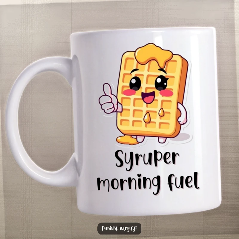 Funny Waffle Mug with dripping syrup giving a thumbs-up, conveying a cheerful and positive breakfast mood.