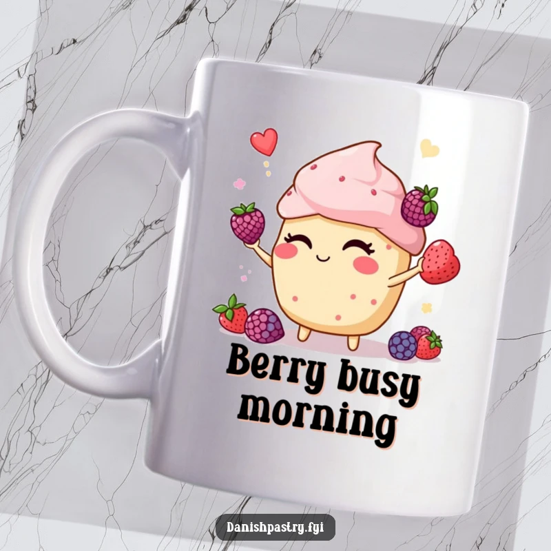Funny muffin with a mischievous wink, juggling colorful berries, depicted on a coffee mug, spreading playful charm.