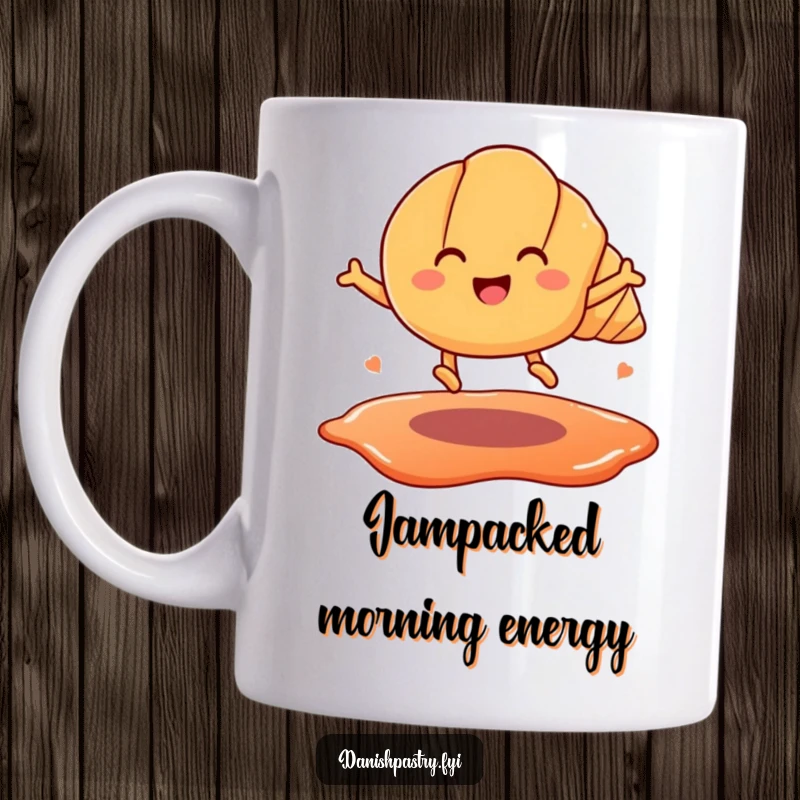 Funny mug featuring a smiling cartoon croissant with legs, joyfully jumping over a puddle of red jam. Whimsical pastry art.