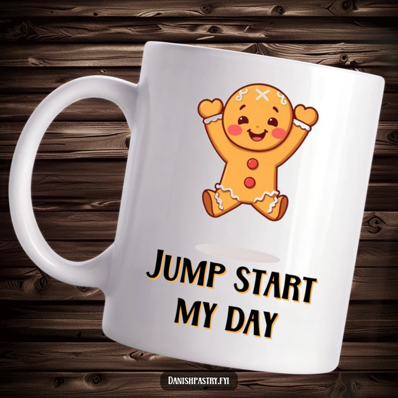 Funny gingerbread person character doing a celebratory leap, a joyful and hilarious dessert mug.