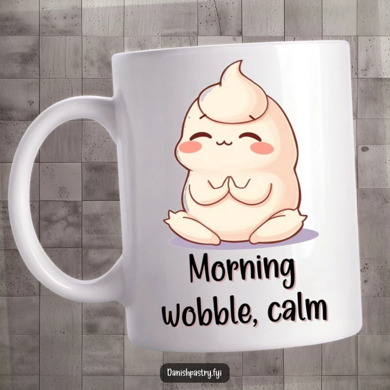 Funny panna cotta mug featuring a wobbly dessert in a silly yoga pose with intense concentration, celebrating mindful movement.