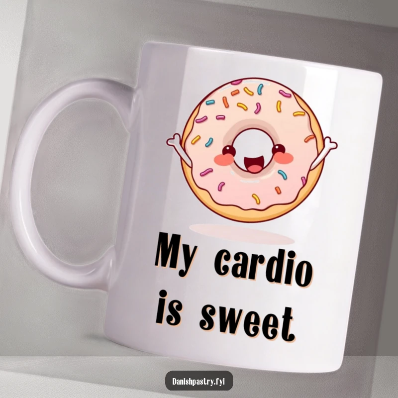 Funny donut with sprinkles skipping rope enthusiastically, a cheerful and energetic scene for your morning coffee.