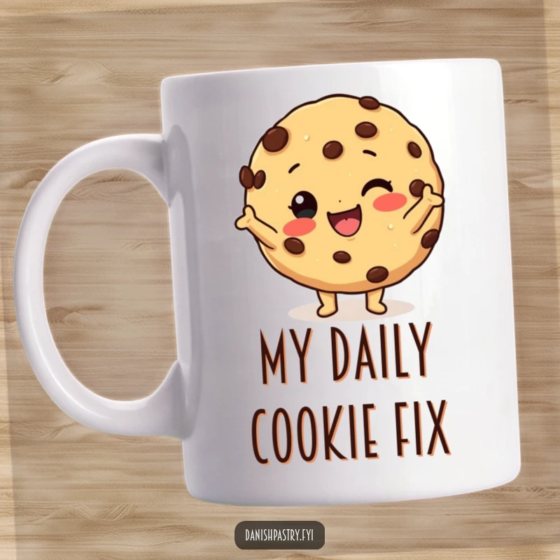 Funny cookie mug with chocolate chips striking a silly pose, exuding playful and humorous dessert charm.