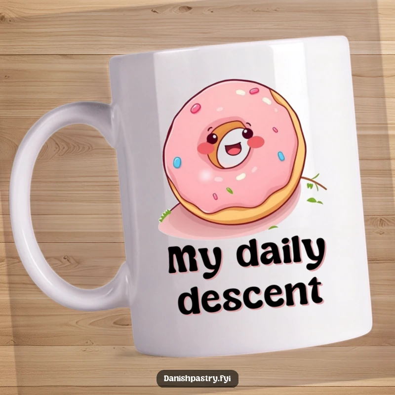 Funny donut rolling down a hill mug, depicted with pure joy, spreading happiness and humor with every use, a delightful gift.