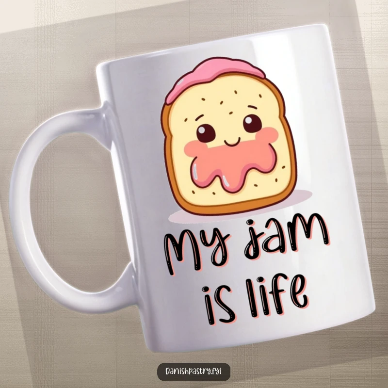Funny Mug featuring a smiling scone with jam, blushing and waving shyly, a sweet and humorous character for your enjoyment.