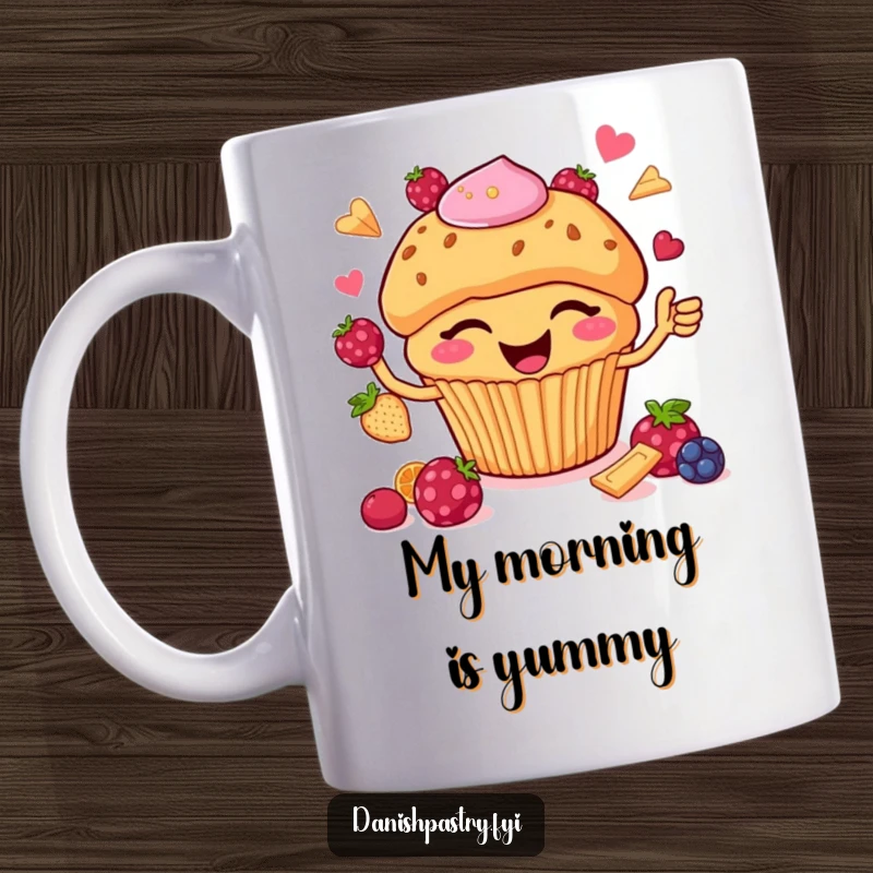 Funny Mug: A happy muffin with chips winks playfully while juggling colorful berries, embodying cheerful mischief.