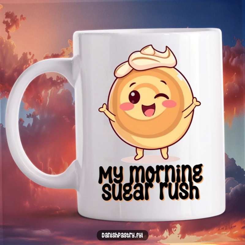Funny cinnamon roll mug with dynamically swirling icing, happily dancing with pure joy. A delightful and sweet pastry character.