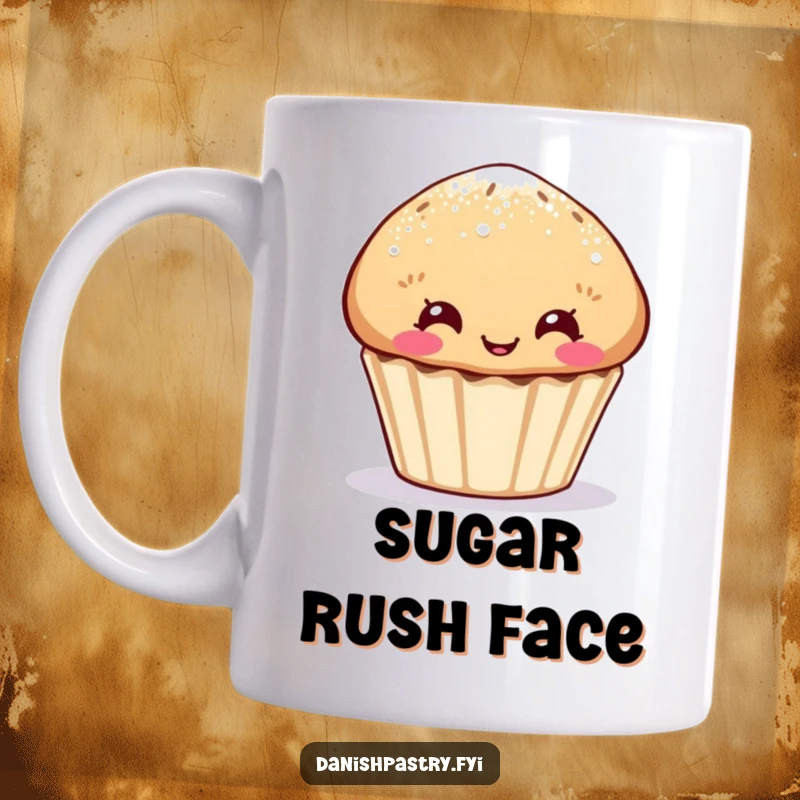 Funny muffin mug, sugar-dusted character making a silly face, a delightful and comical gift.