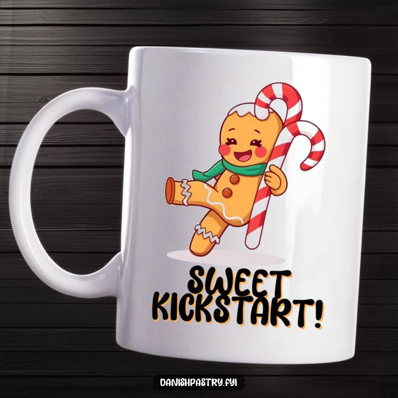 Funny mug showing a gleeful gingerbread man joyfully kicking a large candy cane, embodying festive cheer and playfulness.