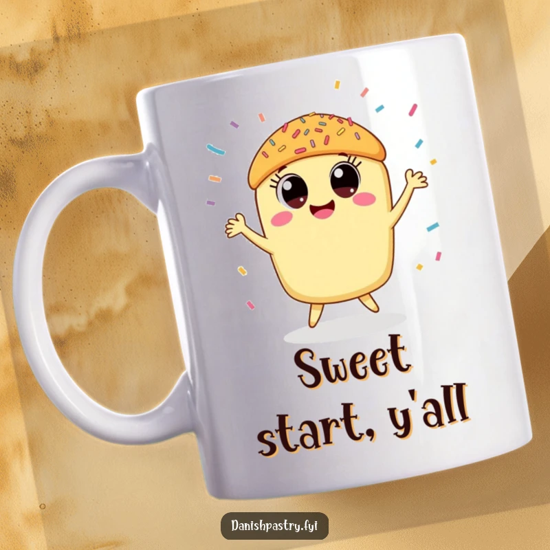 Funny pastry mug featuring a smiling pastry with big eyes doing a happy dance as sprinkles rain down, conveying pure sugary joy.