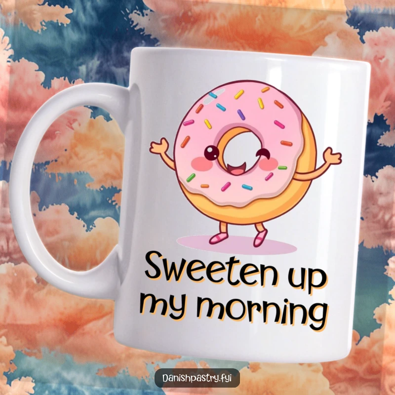Funny mug featuring a cheerful cartoon donut with sprinkles dancing with a ribbon of pink frosting. Sweet and playful food art.