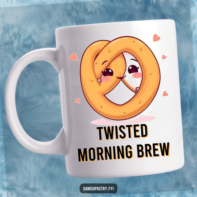 Funny mug featuring a happy pretzel character twisting playfully, radiating cheerful and energetic vibes.