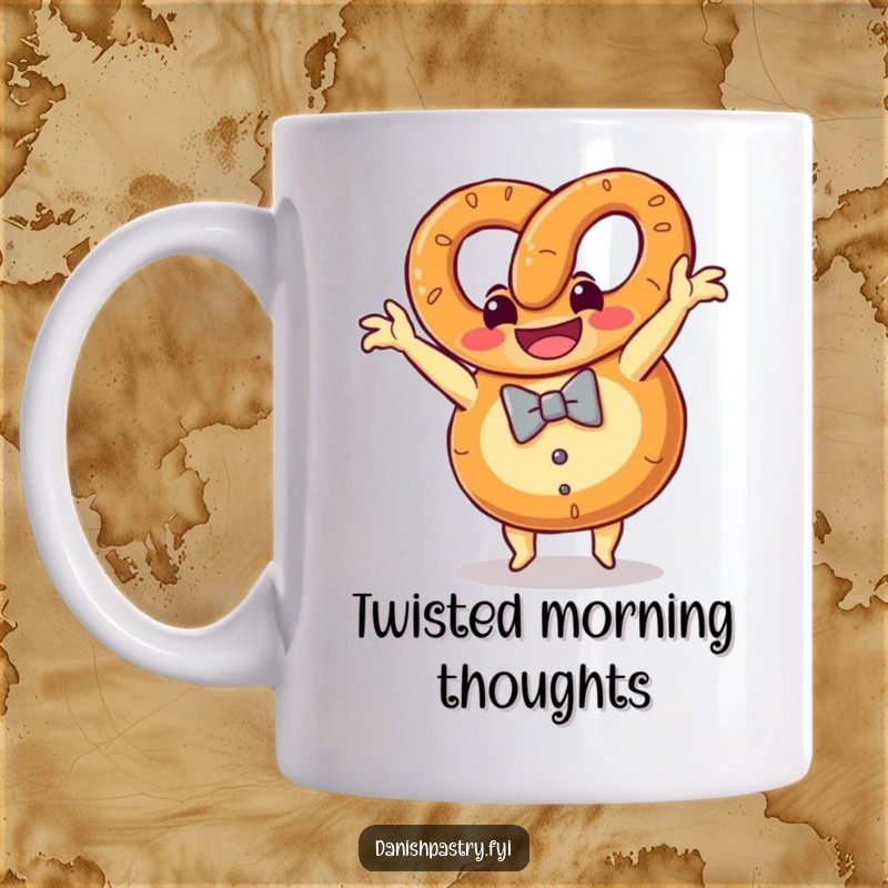 Funny grinning pretzel with a bow tie performing a playful somersault, a whimsical and athletic snack illustration.