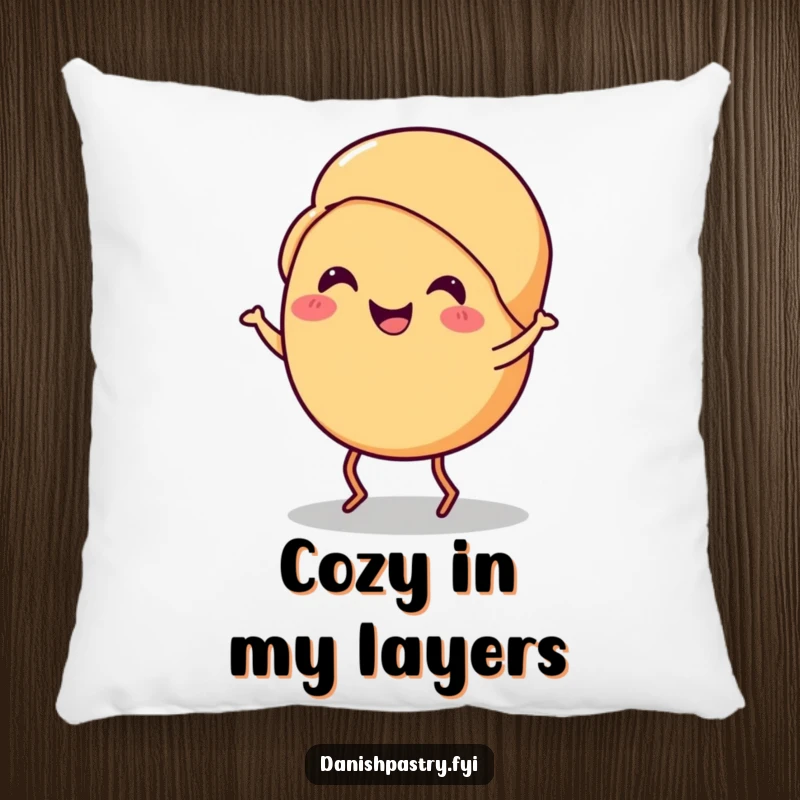 Funny croissant pillow with a smiling croissant with tiny legs doing a cheerful jig, comfortable and humorous decor gift.