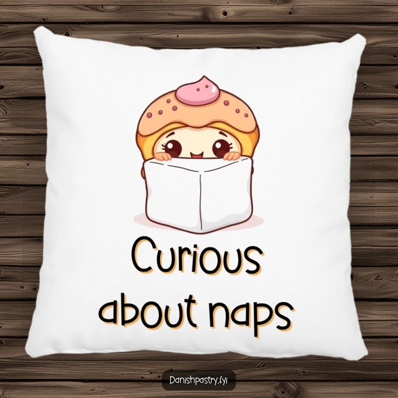 Funny pillow with a curious Danish pastry character peeking from behind a sugar cube, adding sweet humor and charm.