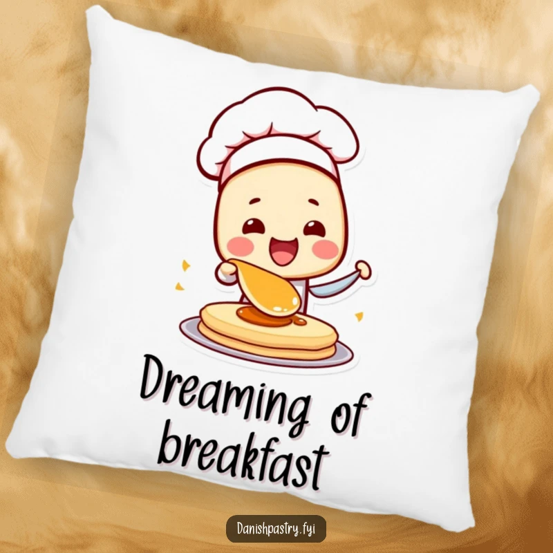 Funny Danish Pastry Chef Pillow with a character flipping a pancake, providing cozy comfort and a touch of culinary humor.