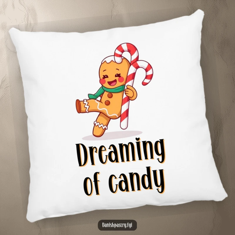 Funny pillow design of a gleeful gingerbread man with a candy cane, adding a touch of holiday humor to any room.