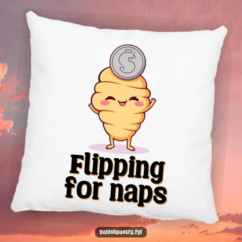 Funny pillow with a mischievous croissant character flipping a coin, offering comfort and playful charm.